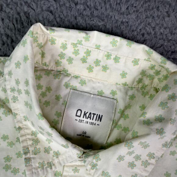 Katin Button Shirt Mens Large White Green Floral Short Sleeve Hawaiian Pocket - Picture 3 of 9